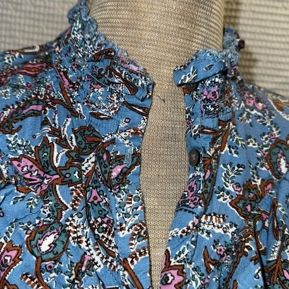 LOFT Blue Paisley Ruffle Yoke Blouse Size Small Button Front - Picture 4 of 12